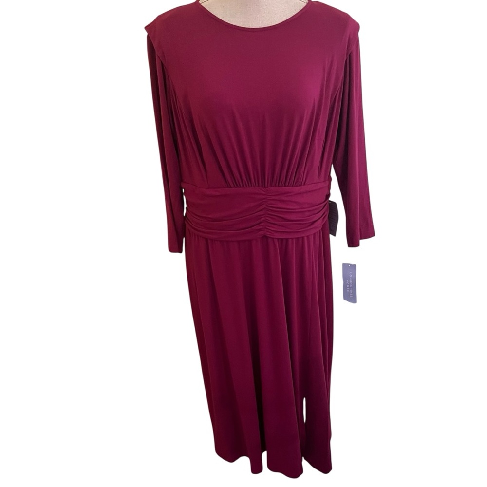 London Times Boysenberry Jersey Knit 3/4 Sleeve Gathered Waist Midi Dress 14W